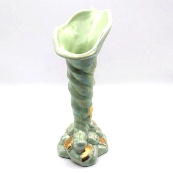 Vintage Warranted 22K Gold Accent Ceramic Cornucopia Green Iridescent Vase Decor - Picture 2 of 7
